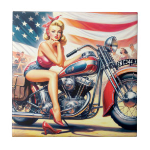Retro Motorcycle Pin Up Ceramic Tile