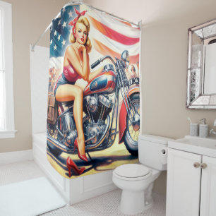Retro Motorcycle Pin Up Shower Curtain