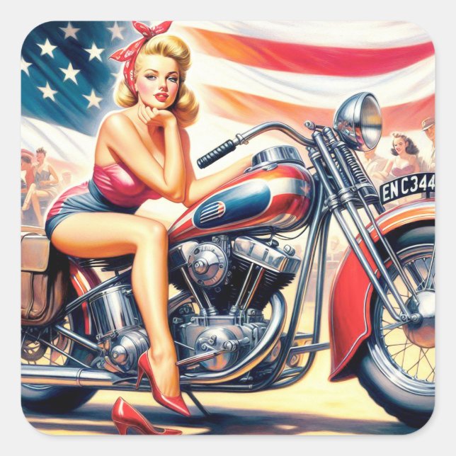 Retro Motorcycle Pin Up Square Sticker (Front)