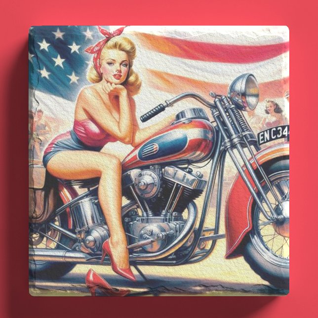 Retro Motorcycle Pin Up Stone Coaster (Creator Uploaded)