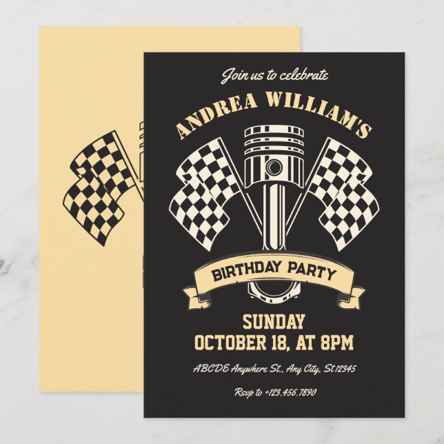 Retro motorcycle racing mechanic machine birthday invitation (Front/Back)