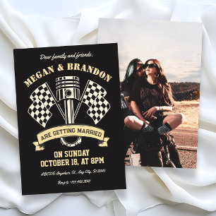 Retro motorcycle racing mechanic machine wedding invitation