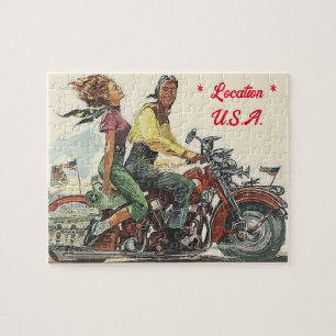 Retro Motorcycle Ride, Vintage Style Personalised  Jigsaw Puzzle