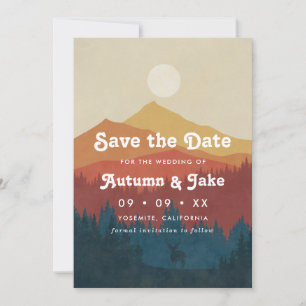 Retro Mountain and Forest Overlay Wedding Save The Date