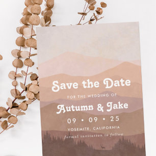 Retro Mountain and Forest Pink Ombre Wedding Save The Date
