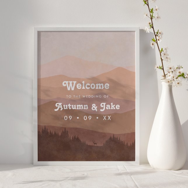 Retro Mountain and Forest Pink Wedding Welcome Poster (Creator Uploaded)