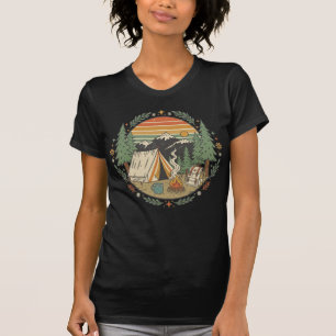 Retro Mountain Camping T-Shirt with Tent and Campf