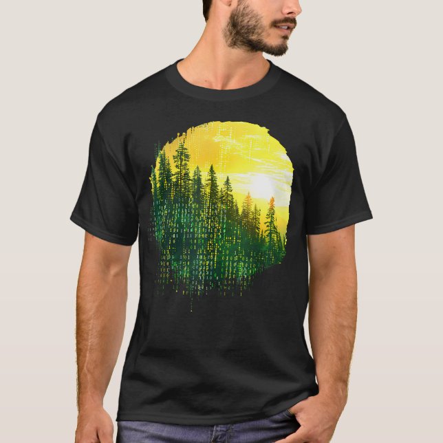 Retro Mountain Forest Binary Number Computer T-Shirt (Front)
