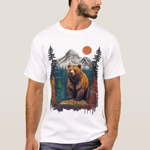 Retro Mountain Grizzly Bear Nature Graphic  T-Shirt