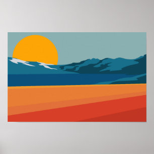 Retro Mountain Landscape Illustration Blue Yellow Poster