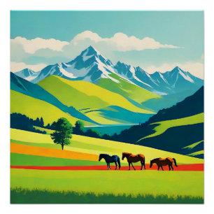 Retro Mountain Landscape Illustration Colourful Poster