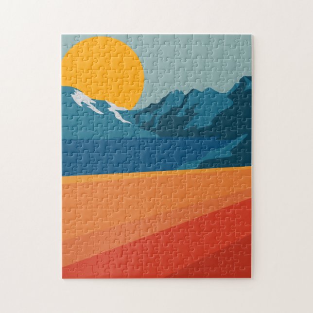 Retro Mountain Landscape Illustration Orange Blue Jigsaw Puzzle (Vertical)