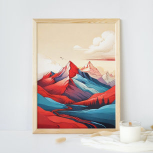 Retro Mountain Landscape Illustration Red Blue Art Poster