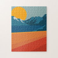 Retro Mountain Landscape Illustration Red Blue