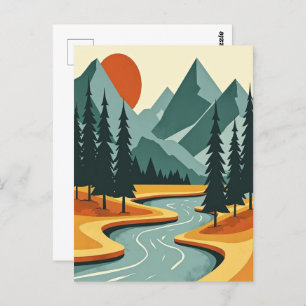 Retro Mountain Landscape Illustration Red Blue Postcard