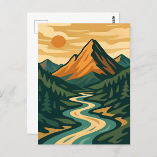 Retro Mountain Landscape Illustration Red Blue Postcard