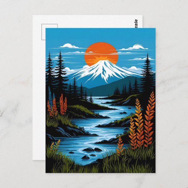 Retro Mountain Landscape Illustration Red Blue Postcard (Front/Back)