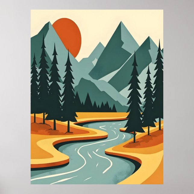 Retro Mountain Landscape Illustration Red Blue Poster (Front)