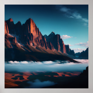 Retro Mountain Landscape Illustration Red Blue Poster