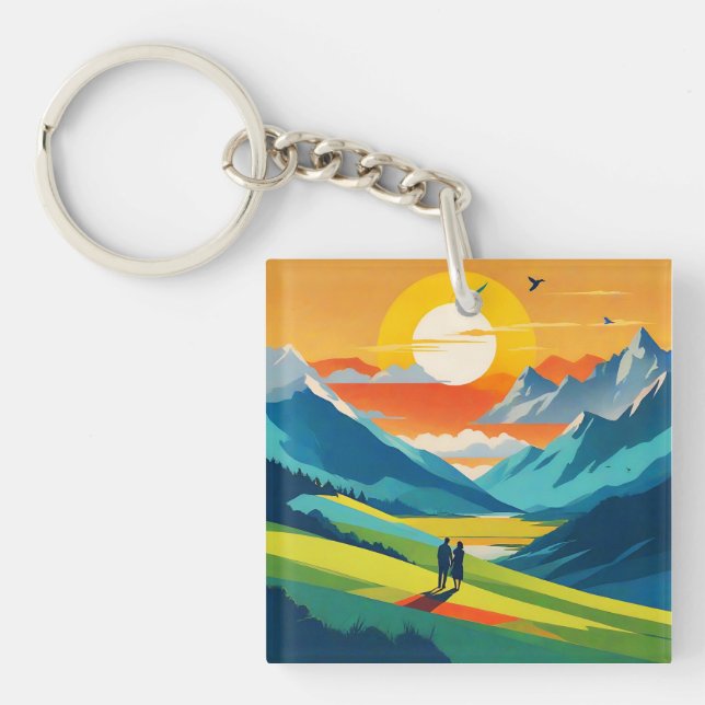 Retro Mountain Landscape Love Key Ring (Front)