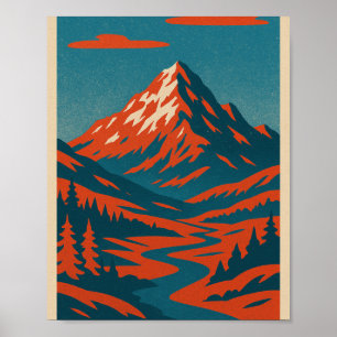Retro Mountain Landscape   Red and Blue Vintage Po Poster