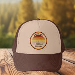 Retro Mountain Sunset Custom Family Reunion Party Trucker Hat<br><div class="desc">This cool orange retro sunset over rocky mountains in nature on cute matching hats for a family reunion,  road trip,  or summer vacation. Complete your celebration with fun accessory with your own last name and the year in retro brown.</div>