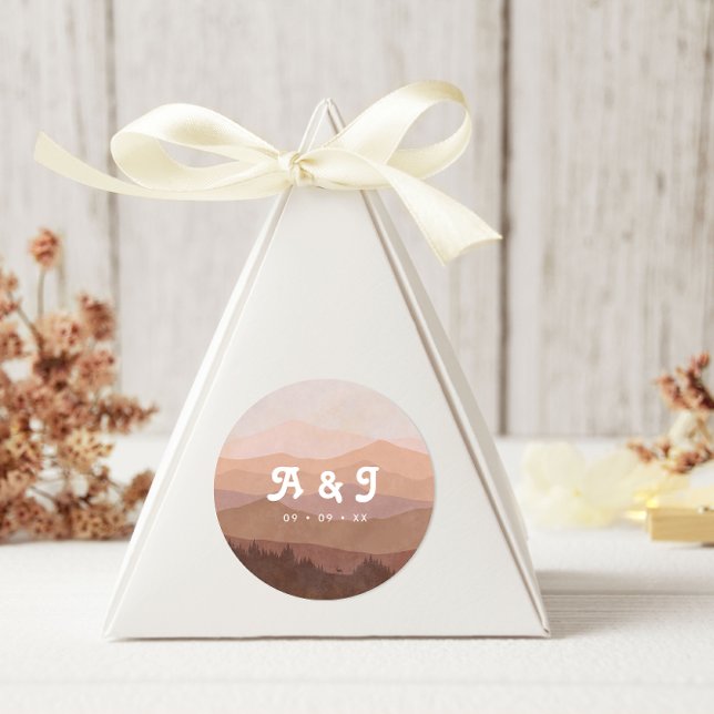 Retro Mountains and Forest Pink Wedding Monogram Classic Round Sticker (Creator Uploaded)