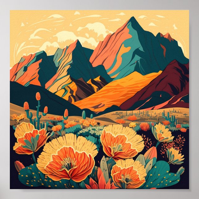 Retro Mountains Landscape Illustration Artistic Poster (Front)