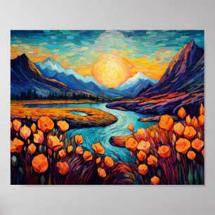 Retro Mountains Landscape Illustration Artistic Poster