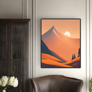 Retro Mountains Landscape Sunset Illustration Poster