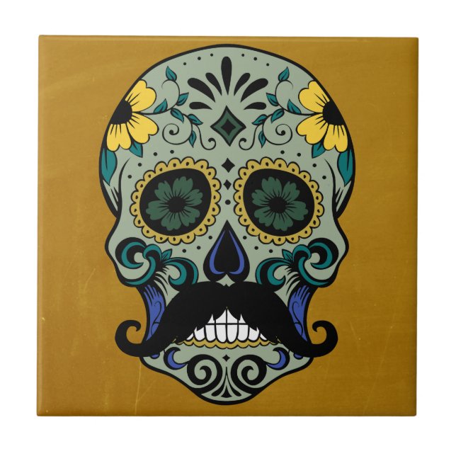 Retro Moustache Day of the Dead Sugar Skull Ceramic Tile (Front)