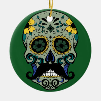 Retro Moustache Sugar Skull Ceramic Ornament