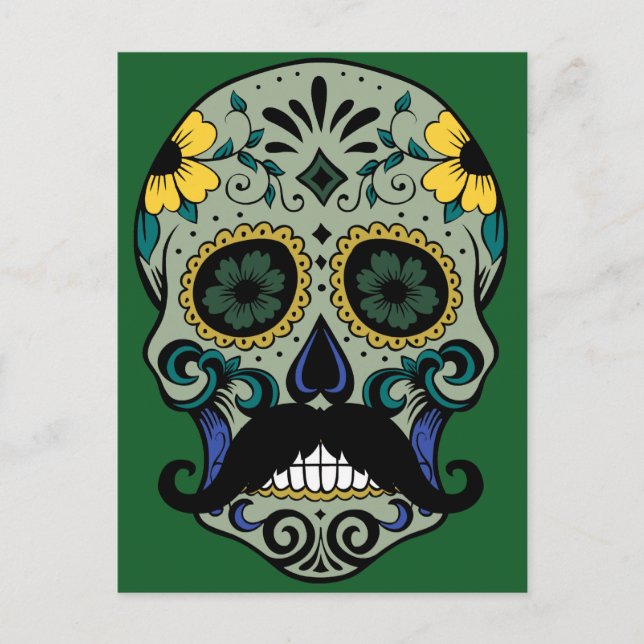 Retro Moustache Sugar Skull Postcard (Front)