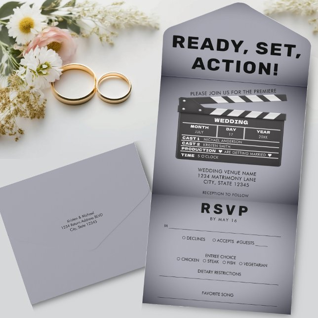 Retro Movie Film Clap Board Grey Wedding All In One Invitation (Retro Movie Film Clap Board Grey Wedding All In One Invitation)
