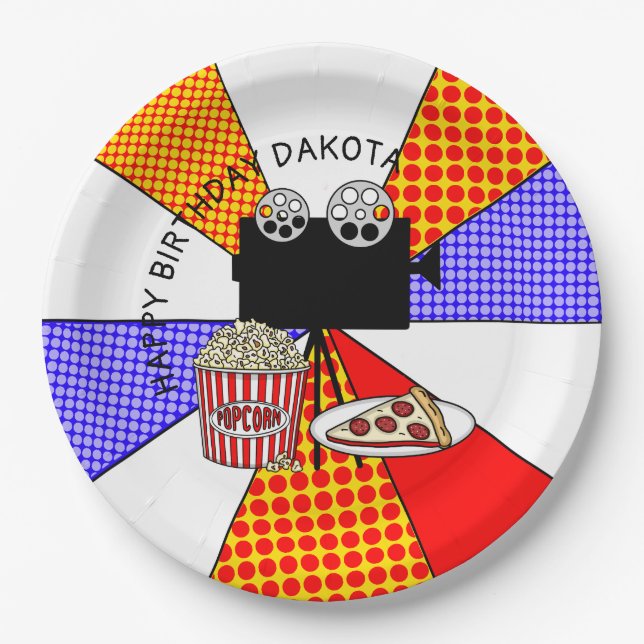 Retro Movie Night Birthday Party Paper Plate (Front)