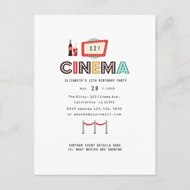 Retro Movie Night Birthday Party Postcard (Front)