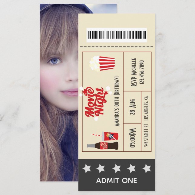 Retro Movie Night Birthday Party Ticket add photo Invitation (Front/Back)