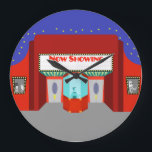 Retro Movie Theatre Acrylic Round Wall Clock<br><div class="desc">The stars are out in full force on this Retro Movie Theatre Acrylic Round Wall Clock--both the stars in the night sky and the stars on the silver screen. This 1960's style, minimalist art design features the exterior of a classic movie house from the Golden Age of Cinema. The red...</div>