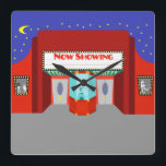 Retro Movie Theatre Acrylic Wall Clock<br><div class="desc">The stars are out in full force on this Retro Movie Theatre Acrylic Wall Clock--both the stars in the night sky and the stars on the silver screen. This 1960's style, minimalist art design features the exterior of a classic movie house from the Golden Age of Cinema. The red building...</div>