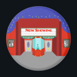 Retro Movie Theatre Round Magnet<br><div class="desc">The stars are out in full force on this Retro Movie Theatre Round Magnet--both the stars in the night sky and the stars on the silver screen. This 1960's style, minimalist art design features the exterior of a classic movie house from the Golden Age of Cinema. The red building has...</div>
