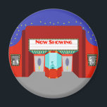 Retro Movie Theatre Round Magnet<br><div class="desc">The stars are out in full force on this Retro Movie Theatre Round Magnet--both the stars in the night sky and the stars on the silver screen. This 1960's style, minimalist art design features the exterior of a classic movie house from the Golden Age of Cinema. The red building has...</div>