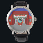 Retro Movie Theatre Watch<br><div class="desc">The stars are out in full force on this Retro Movie Theatre Watch--both the stars in the night sky and the stars on the silver screen. This 1960's style, minimalist art design features the exterior of a classic movie house from the Golden Age of Cinema. The red building has a...</div>