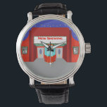 Retro Movie Theatre Watch<br><div class="desc">The stars are out in full force on this Retro Movie Theatre Watch--both the stars in the night sky and the stars on the silver screen. This 1960's style, minimalist art design features the exterior of a classic movie house from the Golden Age of Cinema. The red building has a...</div>