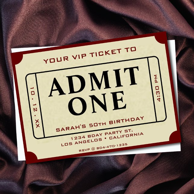 Retro Movie Ticket Admit One 50th Birthday Party Invitation (Retro Movie Ticket Admit One 50th Birthday Party Invitation)