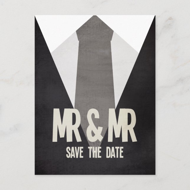 Retro Mr & Mr Suit Tie Gay Save the Date Postcard (Front)