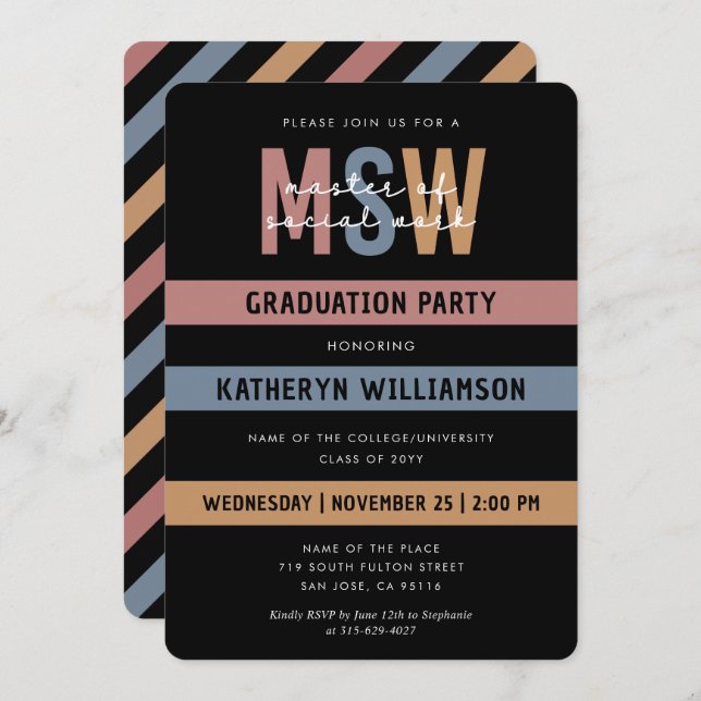 Retro MSW Master of Social Work Graduation Invitation (Front/Back)