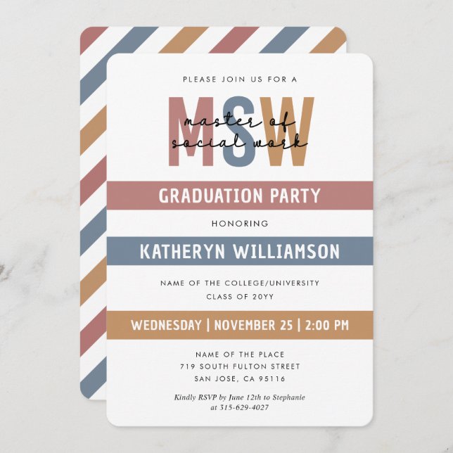 Retro MSW Master of Social Work Graduation Invitation (Front/Back)