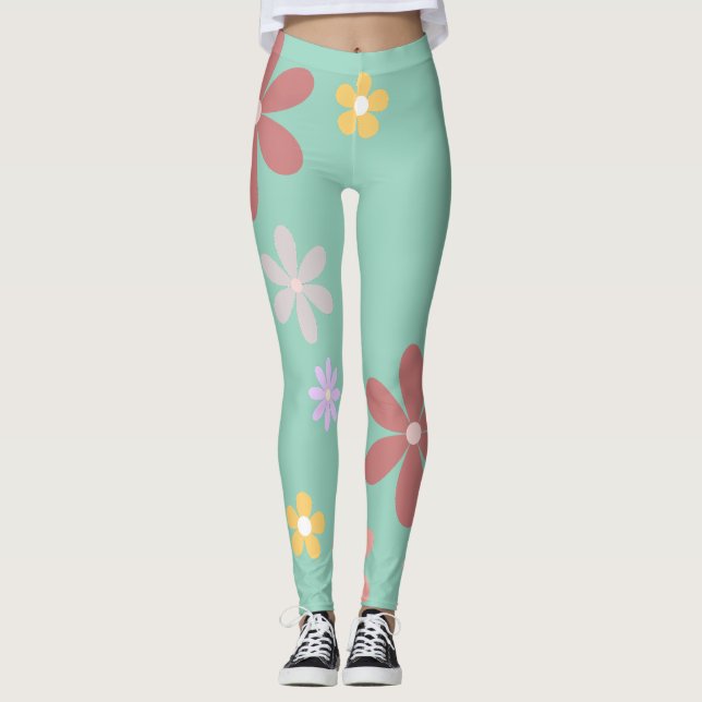 Retro Multi-Colored Daisy Pattern Leggings (Front)