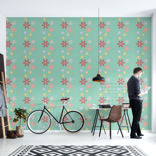 Retro Multi-Colored Daisy Pattern Wallpaper (Living Room)