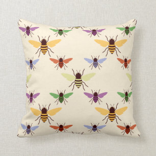 Retro multi colour rainbow bees bumblebees pattern cushion